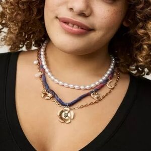 Torrid • Floral Charm Layered Necklace ~ Pearl, Braided Ribbon & Gold Chain